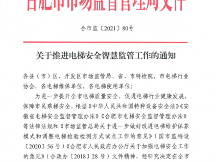 安徽省合肥市關(guān)于推進電梯安全智慧監(jiān)管工作的通知