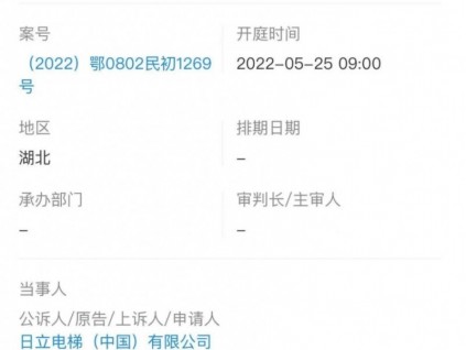 日立電梯新增1則開庭公告，案由系與荊門俊幫置業(yè)買賣合同糾紛