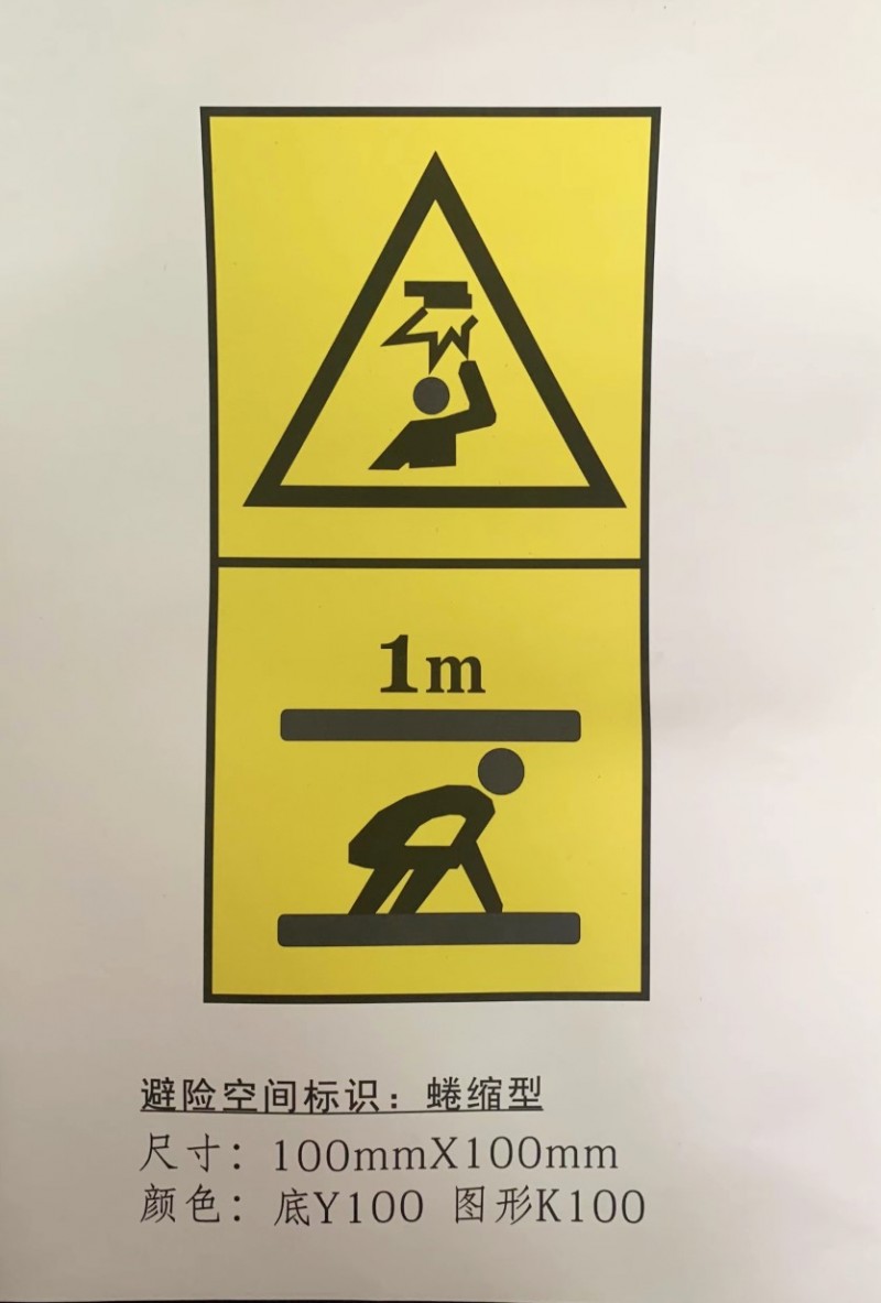 躺下型蜷縮型站立型對(duì)重緩沖器最大最小允許距離不干膠安全警示標(biāo)識(shí)，2022新標(biāo)準(zhǔn)