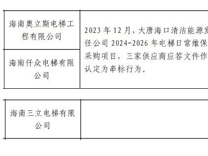 三家電梯公司參與電梯維保采購項目被認定串標，中國大唐集團無限期取消采購活動參與資格