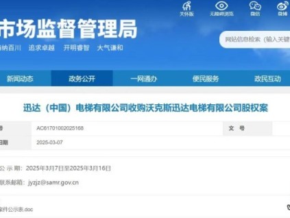 迅達(dá)（中國）電梯有限公司收購沃克斯迅達(dá)電梯有限公司股權(quán)案公示