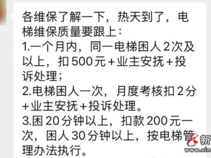 網傳：某地某小區(qū)物業(yè)給小區(qū)電梯維保發(fā)的新規(guī)定 一個月內同一電梯困人2次及以上扣500元