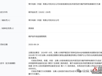 蒂升杭州分公司未按技術規(guī)范維保電梯被罰款4萬元